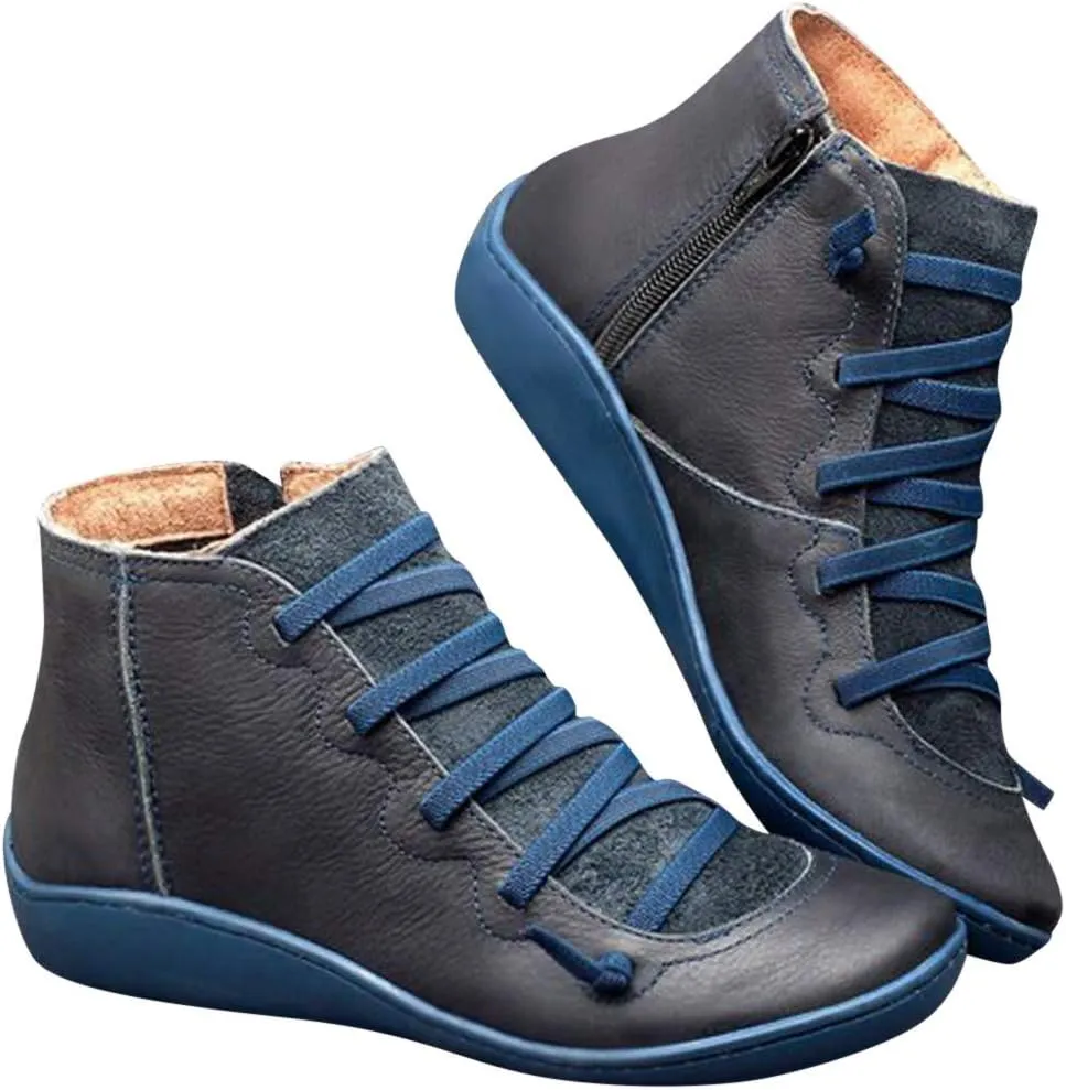 Womens Black Boots Ankle Women Ankle Boots Arch Support Low Heel Lace Up Zipper Flat Casual Walking Short Booties