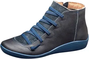 Womens Black Boots Ankle Women Ankle Boots Arch Support Low Heel Lace Up Zipper Flat Casual Walking Short Booties