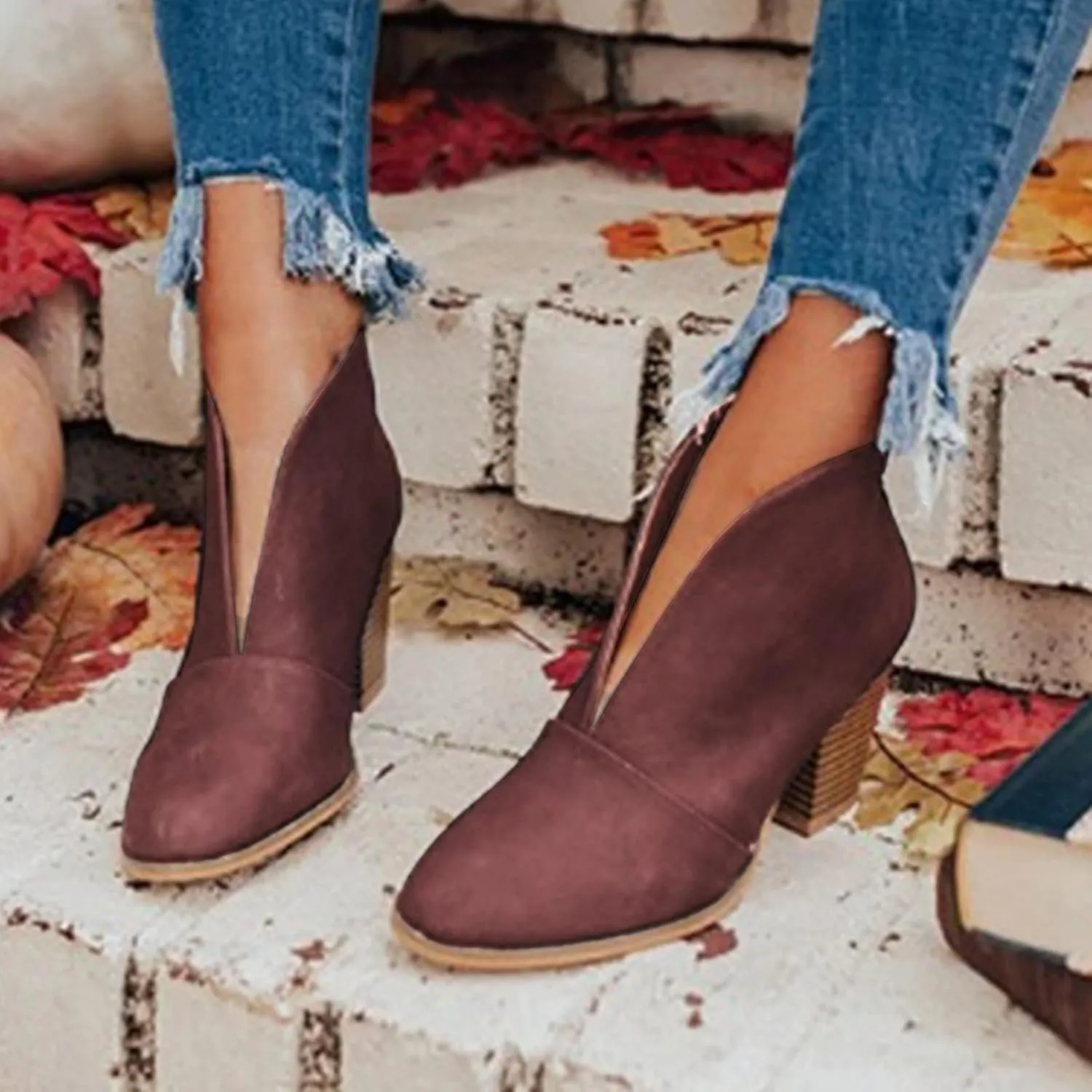Womens Boots Ankle Womens Boots Fahsion Dressy Booties Slip On Low Heel Stacked Leather Boots Walking Short Shoes