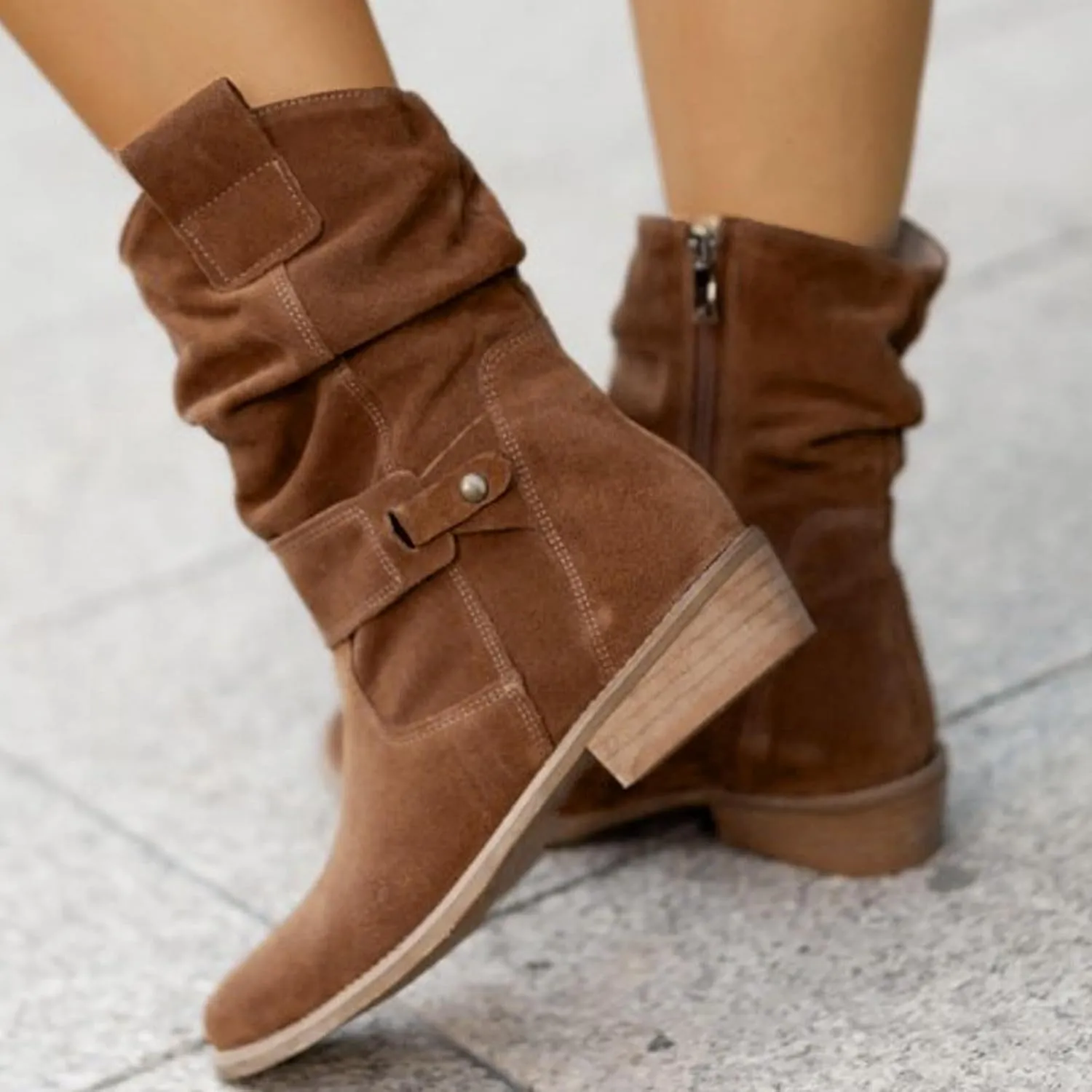 Womens Cowboy Boots Western Suede Side Zip Classic Low Heel Pointed Toe Cowgirl Comfy Ankle Boots Mid-Calf Booties