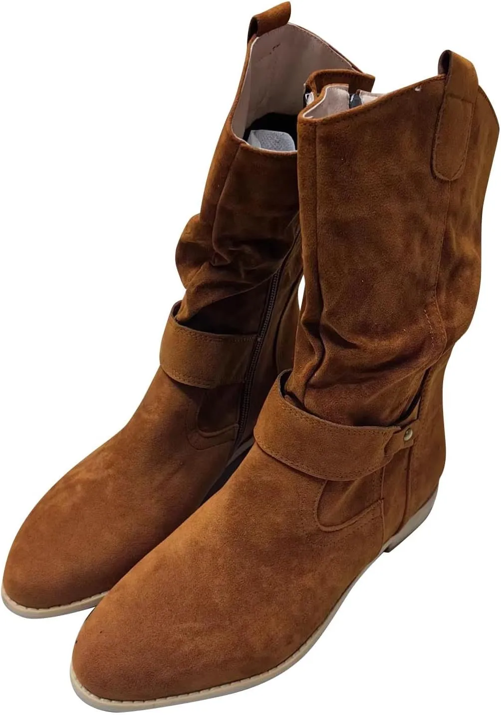 Womens Cowboy Boots Western Suede Side Zip Classic Low Heel Pointed Toe Cowgirl Comfy Ankle Boots Mid-Calf Booties