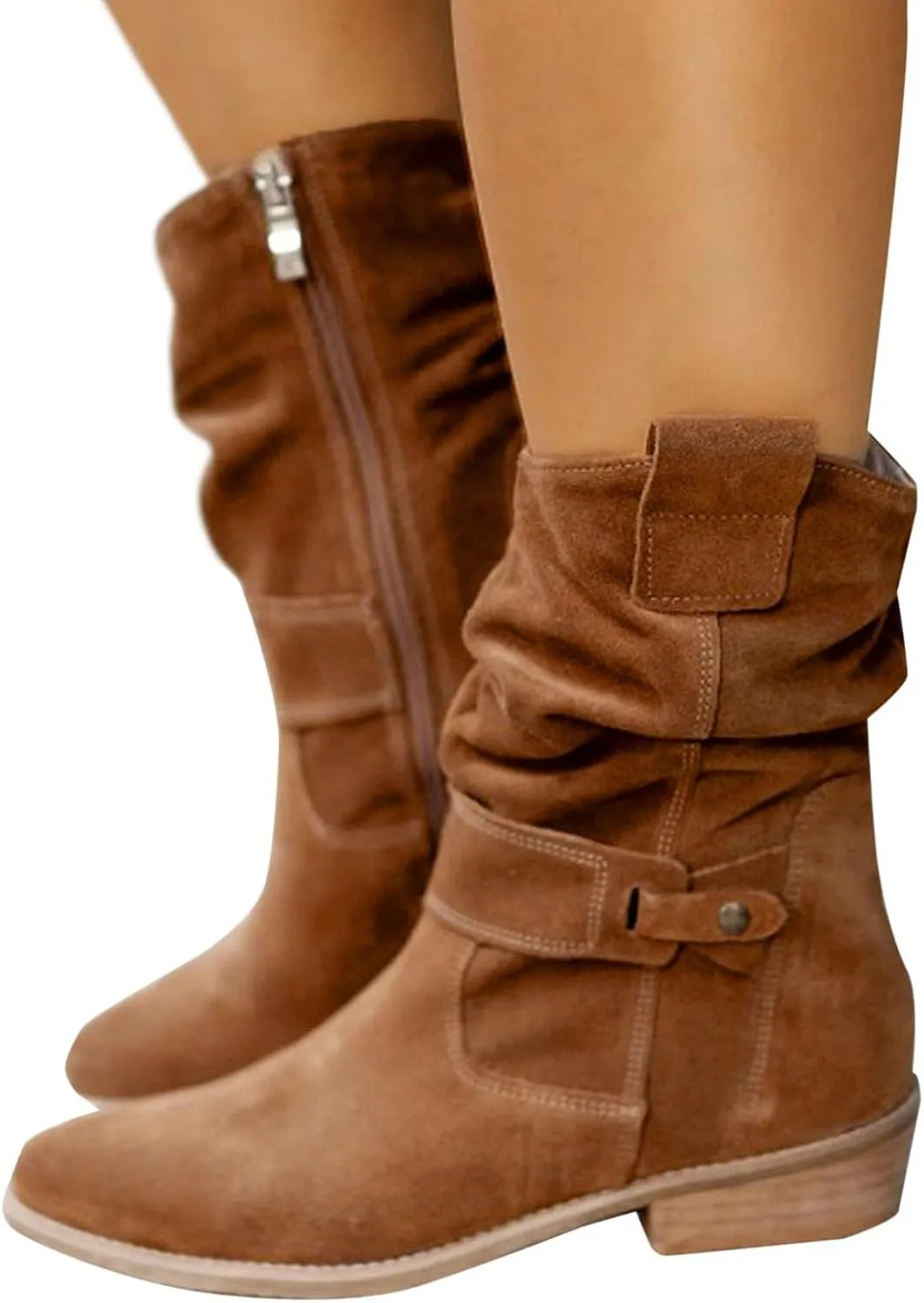 Womens Cowboy Boots Western Suede Side Zip Classic Low Heel Pointed Toe Cowgirl Comfy Ankle Boots Mid-Calf Booties