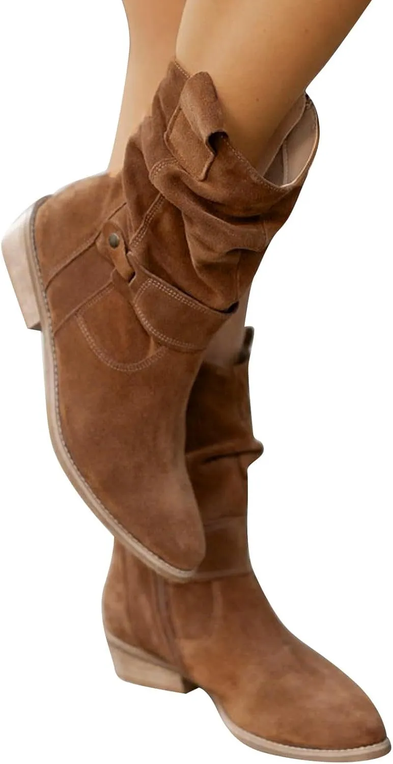 Womens Cowboy Boots Western Suede Side Zip Classic Low Heel Pointed Toe Cowgirl Comfy Ankle Boots Mid-Calf Booties
