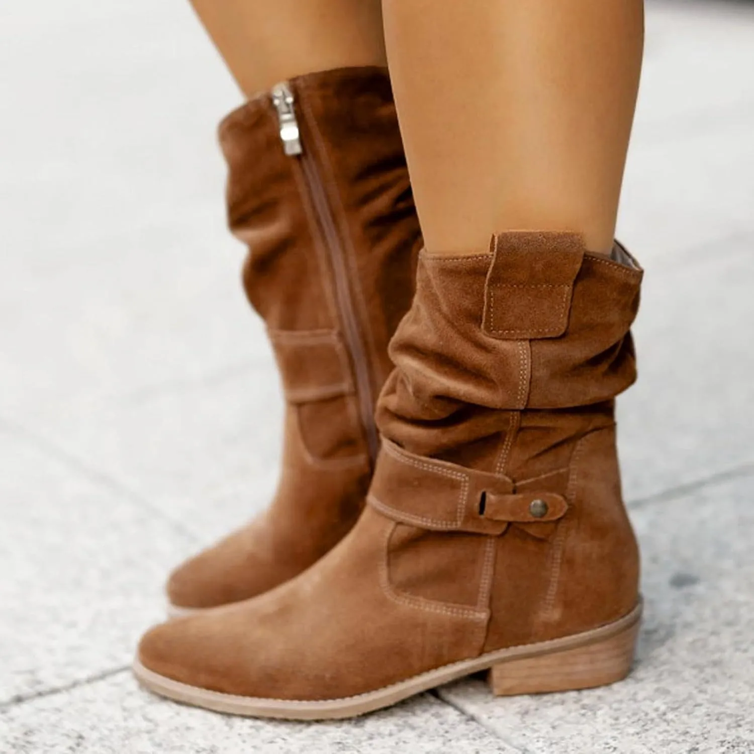 Womens Cowboy Boots Western Suede Side Zip Classic Low Heel Pointed Toe Cowgirl Comfy Ankle Boots Mid-Calf Booties