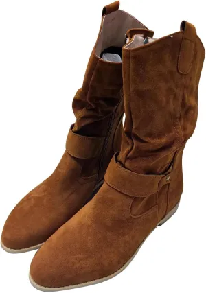 Womens Cowboy Boots Western Suede Side Zip Classic Low Heel Pointed Toe Cowgirl Comfy Ankle Boots Mid-Calf Booties