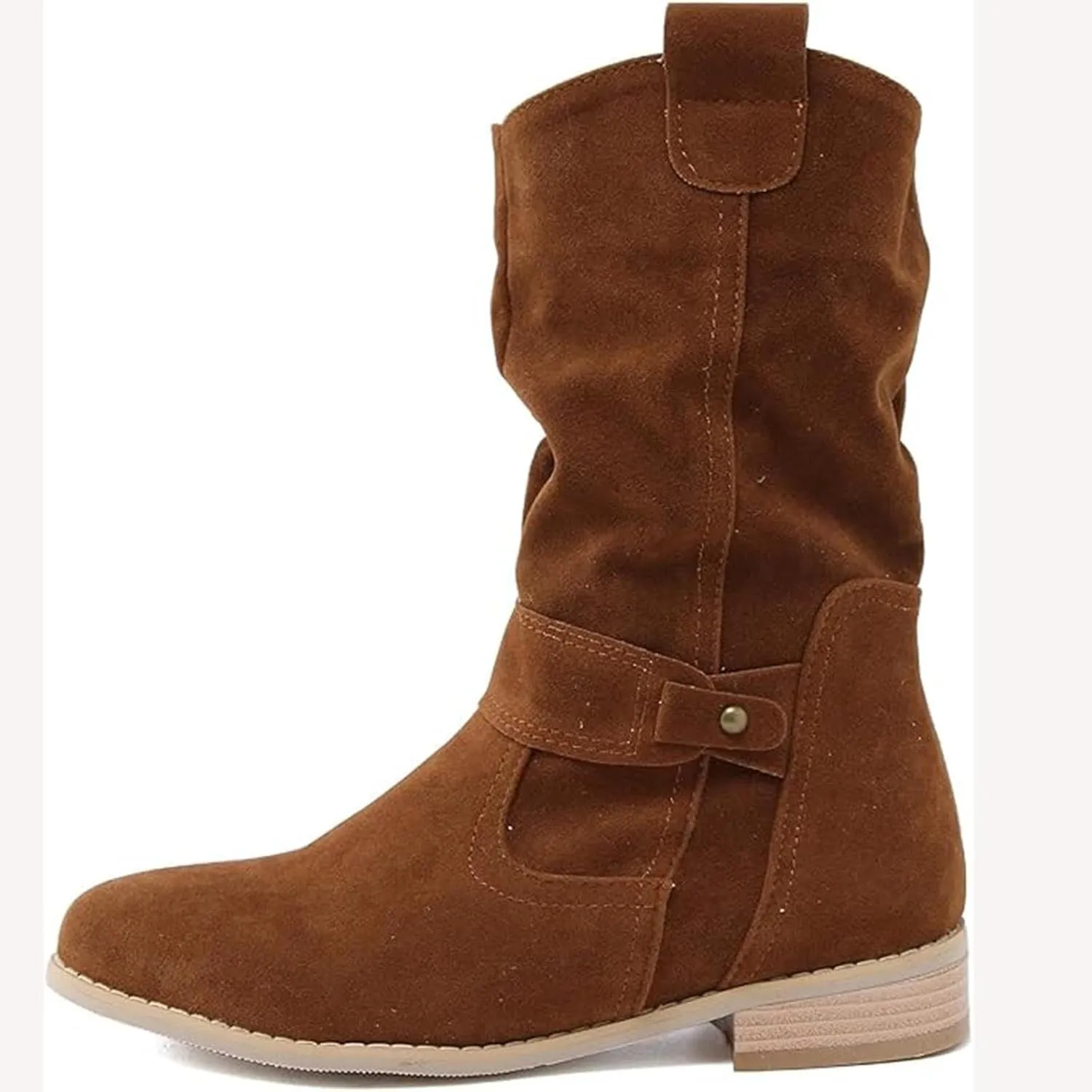 Womens Cowboy Boots Western Suede Side Zip Classic Low Heel Pointed Toe Cowgirl Comfy Ankle Boots Mid-Calf Booties