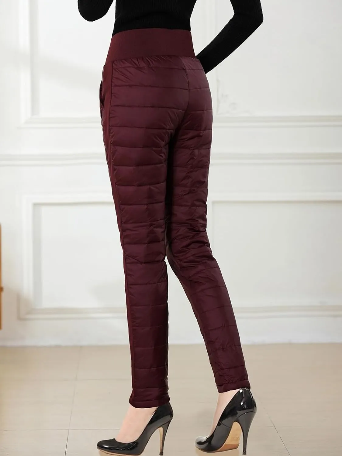 Womens Down Pants Winter Warm Elastic High Waist Quilted Ultralight Puffy Snow Ski Pants Trousers