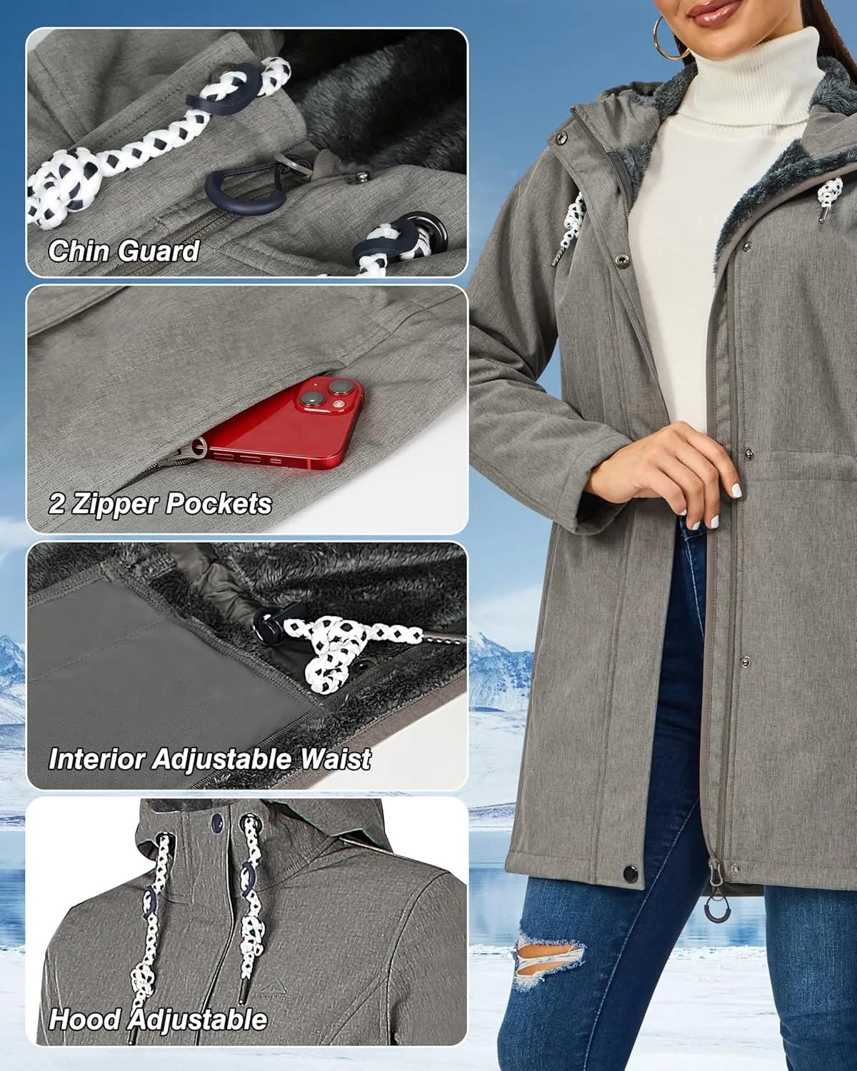 Women's Fleece Jacket Long Soft Shell Insulated Warm Winter Coat Waterproof Windbreaker Hood Parka