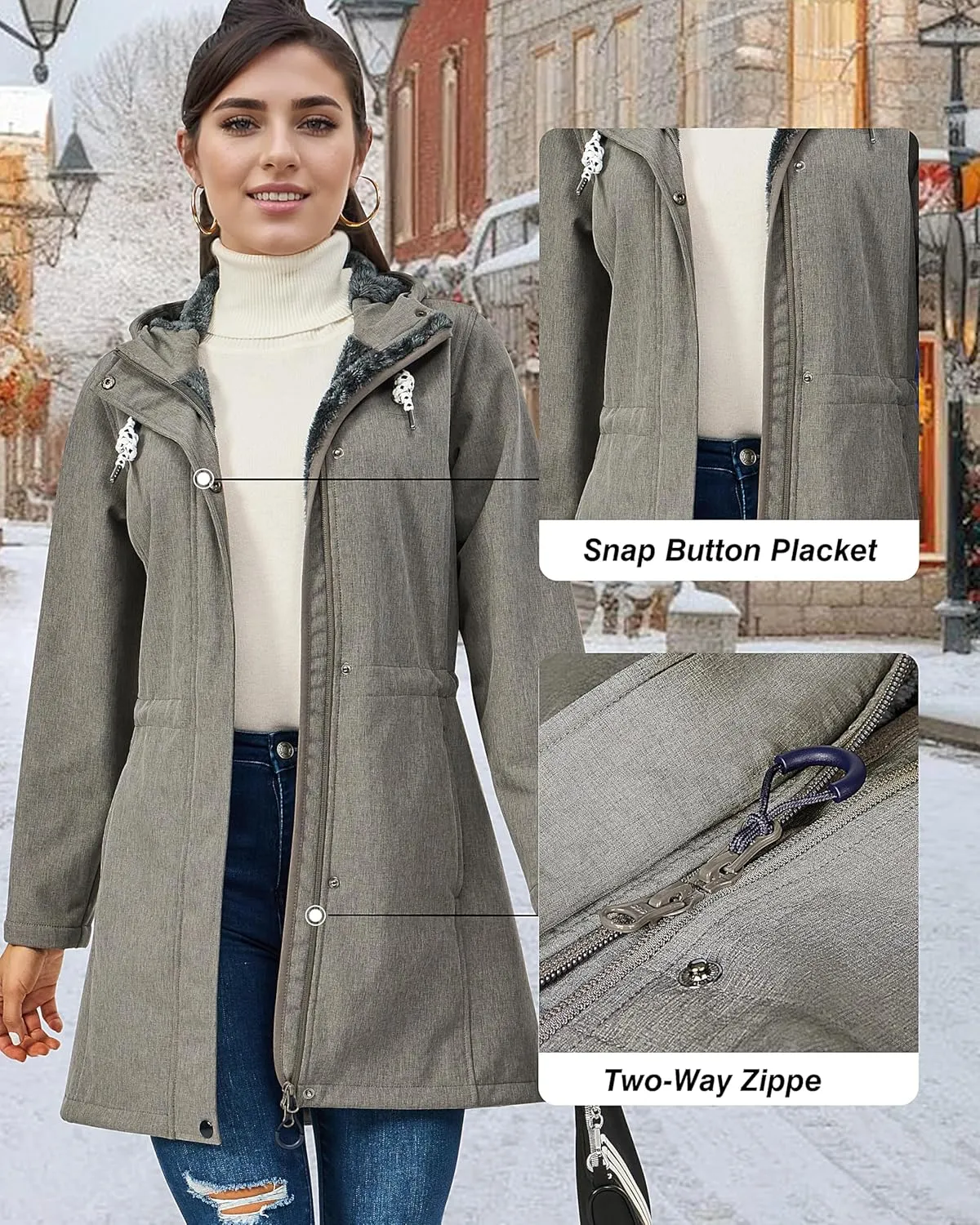 Women's Fleece Jacket Long Soft Shell Insulated Warm Winter Coat Waterproof Windbreaker Hood Parka