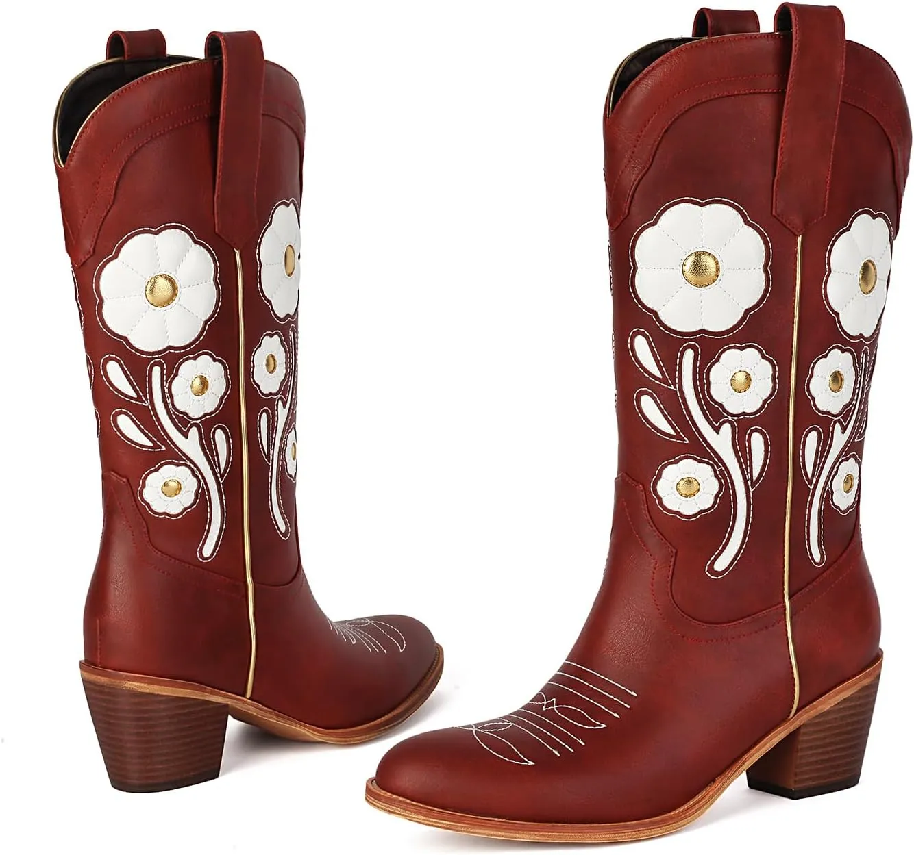 Womens Floral Cowboy Boots,Cute Mid Calf Flower Cowgirl Western Country Boot Pointed Toe Chunky Heel Shoes for Women.