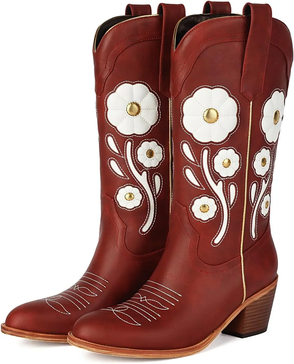 Womens Floral Cowboy Boots,Cute Mid Calf Flower Cowgirl Western Country Boot Pointed Toe Chunky Heel Shoes for Women.