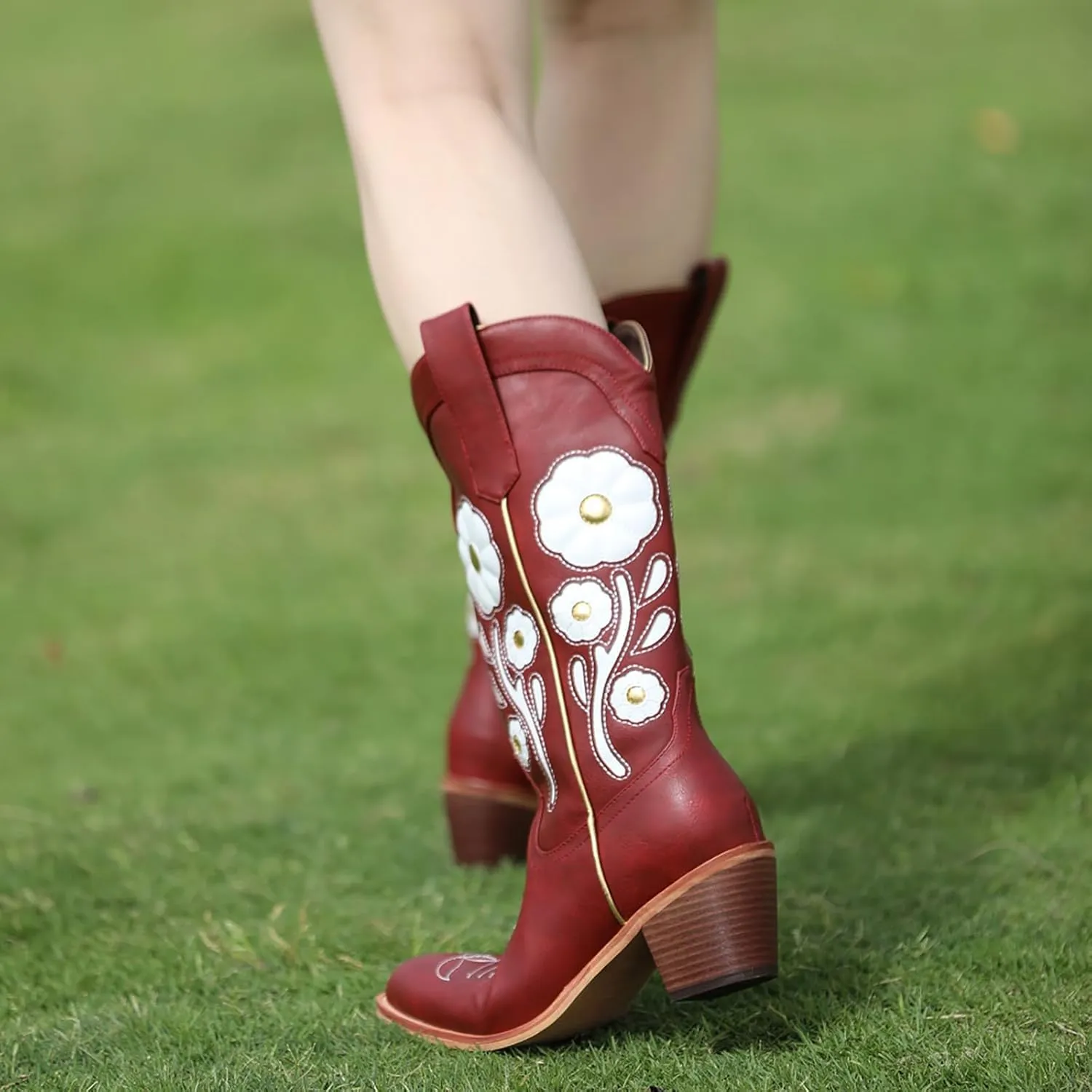 Womens Floral Cowboy Boots,Cute Mid Calf Flower Cowgirl Western Country Boot Pointed Toe Chunky Heel Shoes for Women.