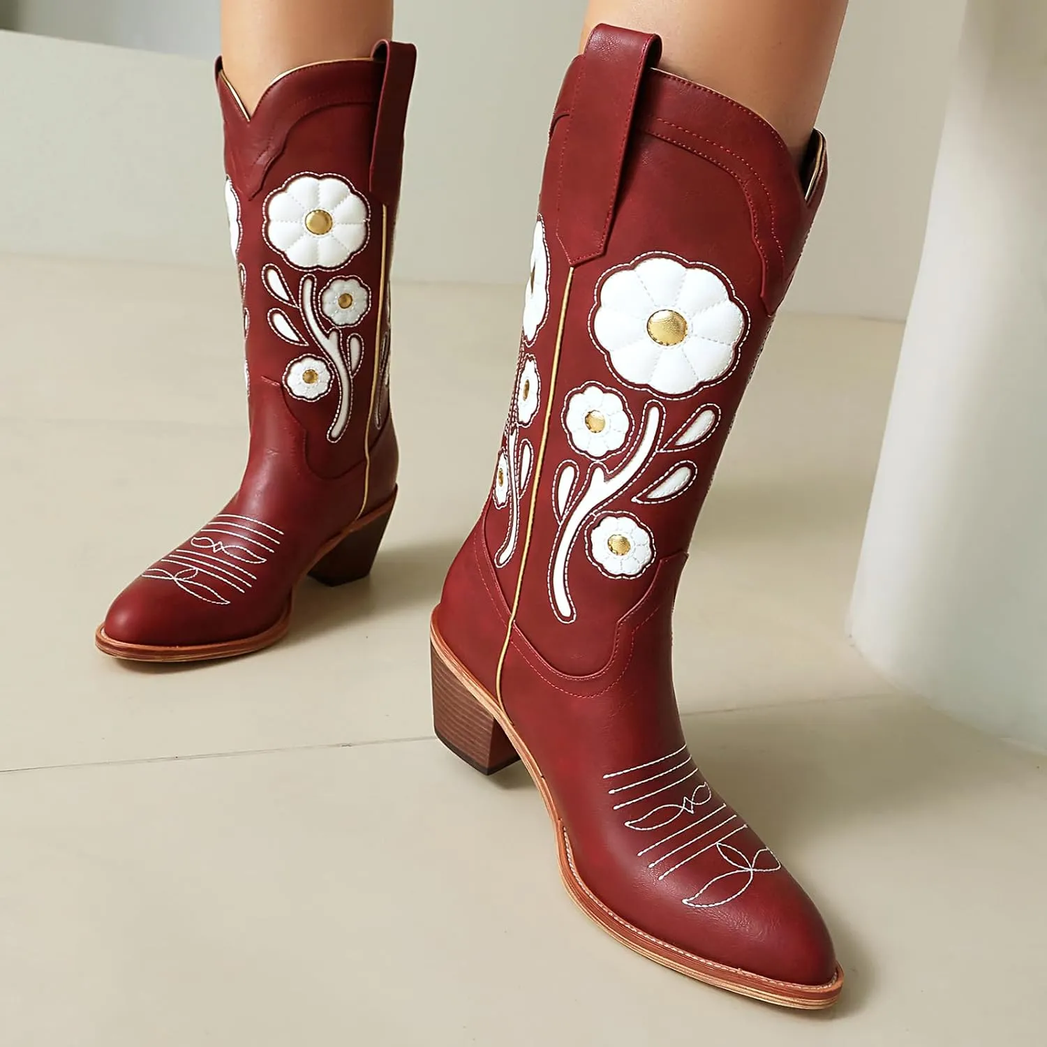 Womens Floral Cowboy Boots,Cute Mid Calf Flower Cowgirl Western Country Boot Pointed Toe Chunky Heel Shoes for Women.
