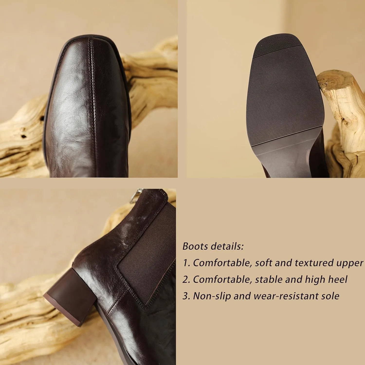 Women's Genuine Leather Ankle Boots, Chunky Heel, Wrinkled Square Toe Short Boots with Back Zipper