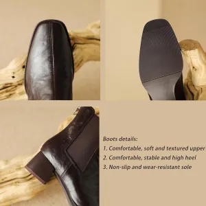Women's Genuine Leather Ankle Boots, Chunky Heel, Wrinkled Square Toe Short Boots with Back Zipper