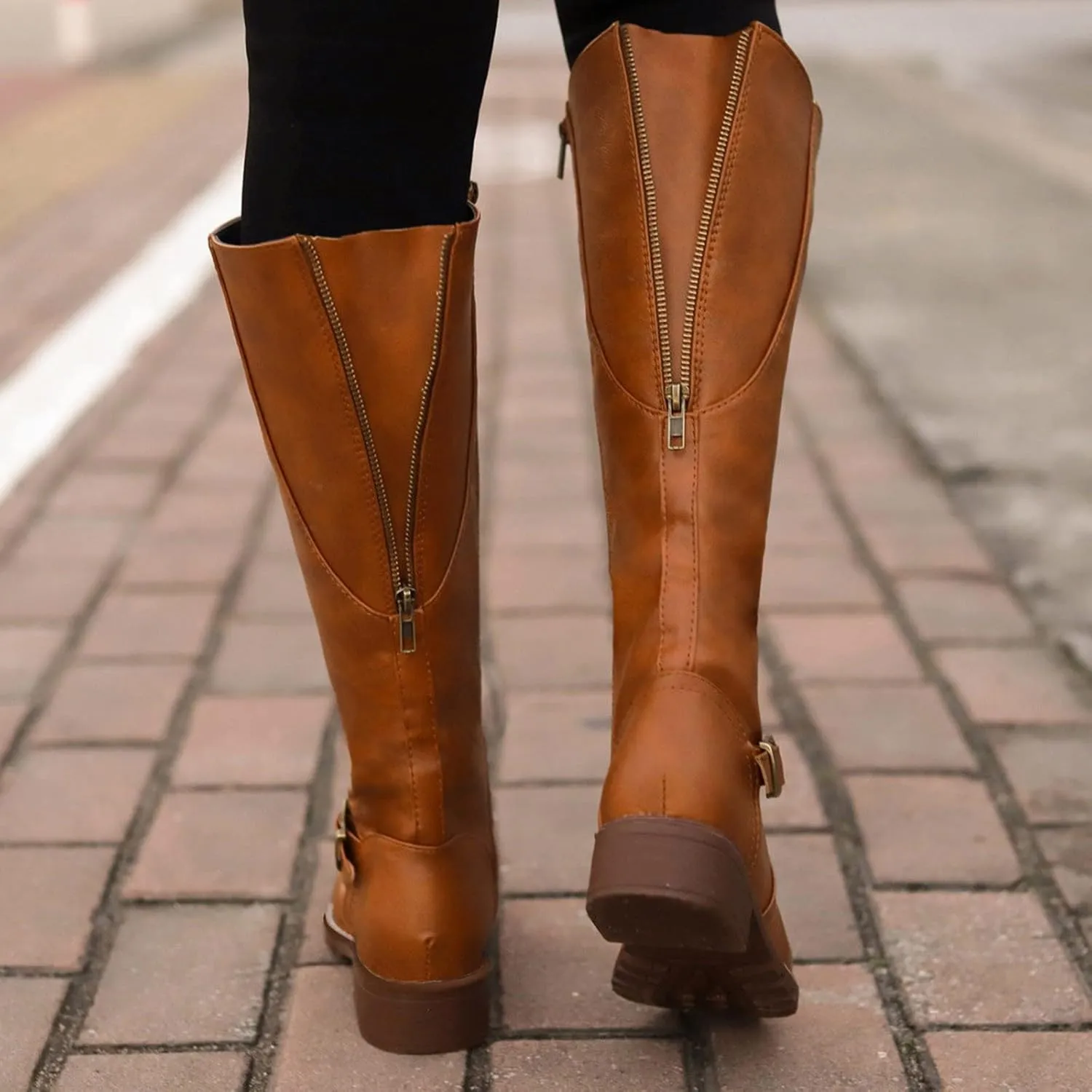 Womens Knee High Boots Wide Calf,Fashion Metal Buckle Riding Boots Soft Lug Sole Tall Boots Comfy Leather Goth Boots