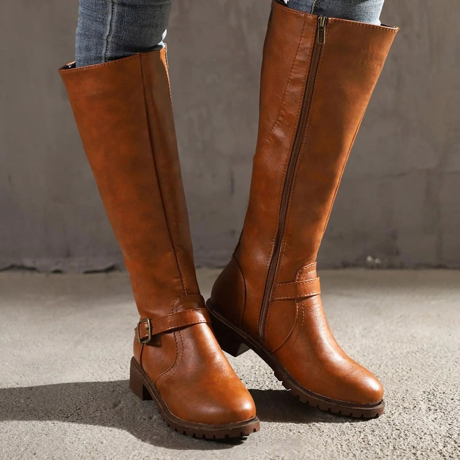 Womens Knee High Boots Wide Calf,Fashion Metal Buckle Riding Boots Soft Lug Sole Tall Boots Comfy Leather Goth Boots