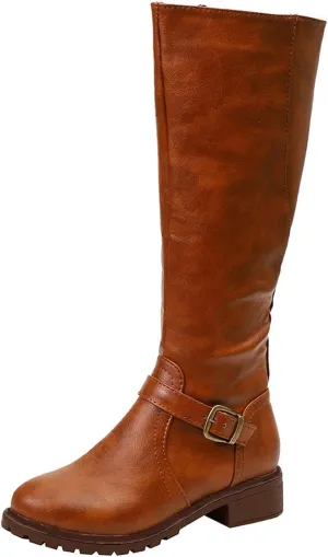 Womens Knee High Boots Wide Calf,Fashion Metal Buckle Riding Boots Soft Lug Sole Tall Boots Comfy Leather Goth Boots
