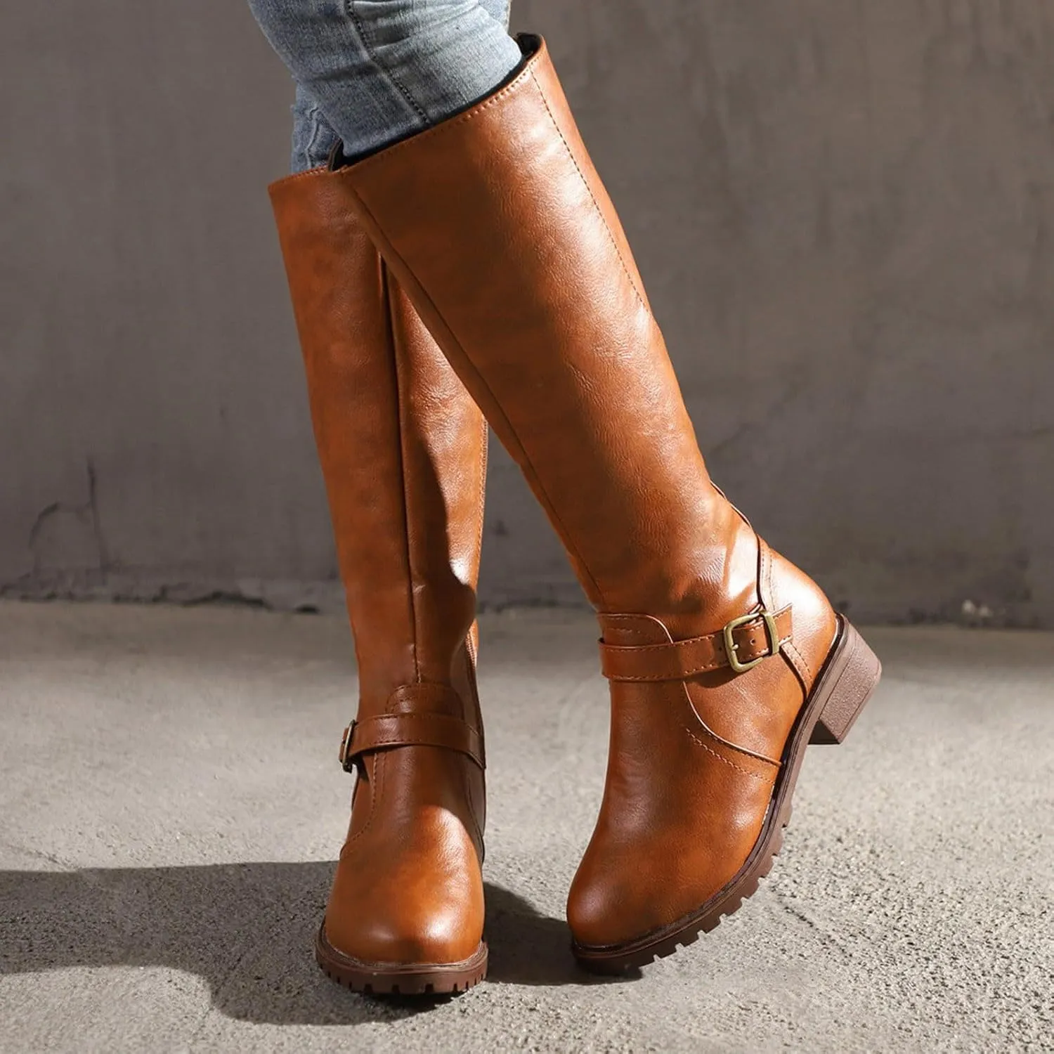 Womens Knee High Boots Wide Calf,Fashion Metal Buckle Riding Boots Soft Lug Sole Tall Boots Comfy Leather Goth Boots
