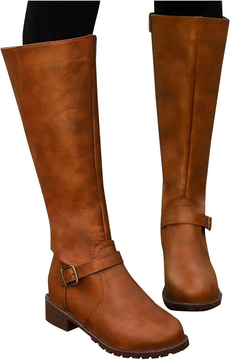 Womens Knee High Boots Wide Calf,Fashion Metal Buckle Riding Boots Soft Lug Sole Tall Boots Comfy Leather Goth Boots
