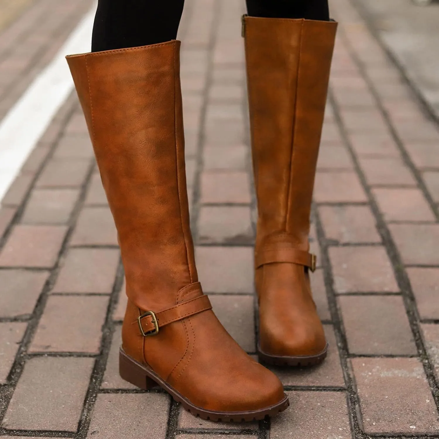 Womens Knee High Boots Wide Calf,Fashion Metal Buckle Riding Boots Soft Lug Sole Tall Boots Comfy Leather Goth Boots