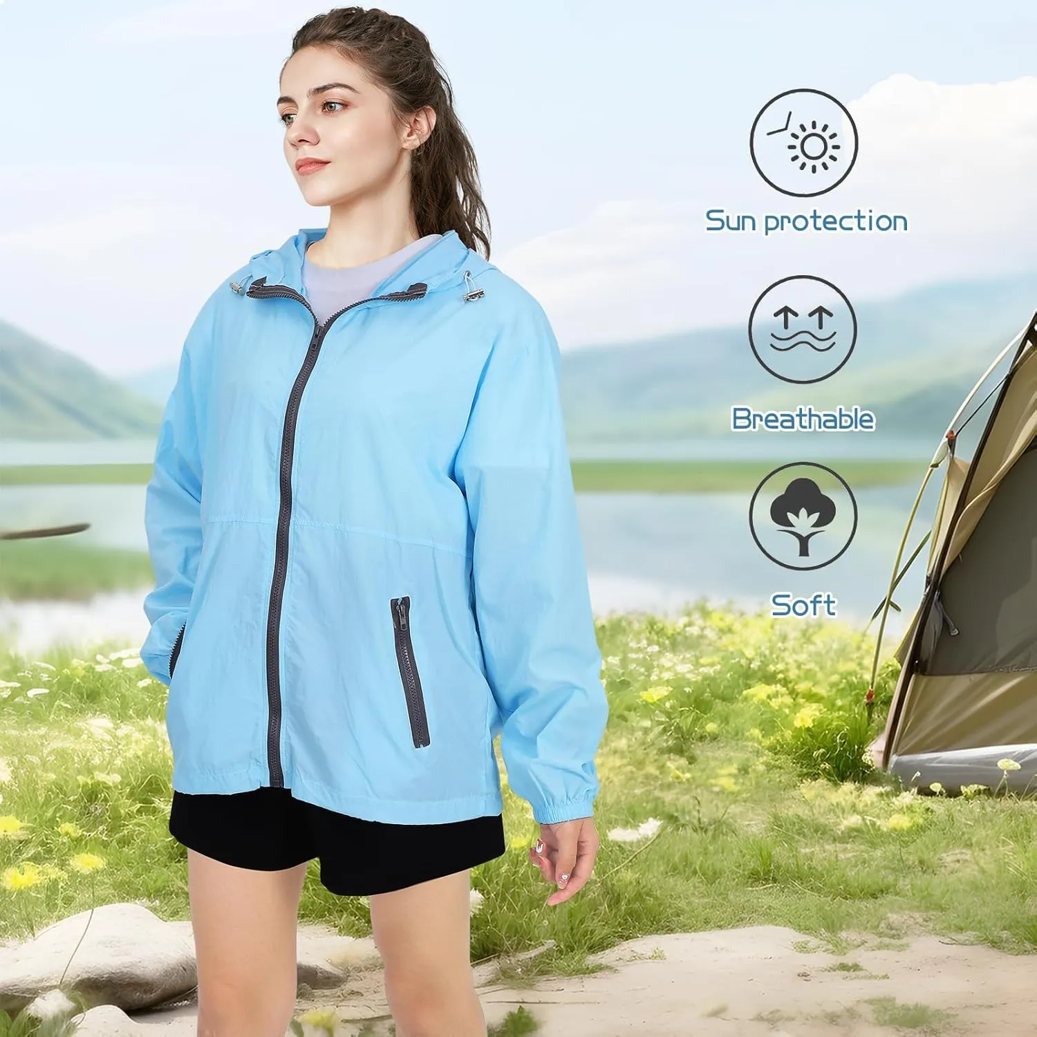 Women's Lightweight Jacket Hooded Lightweight Raincoat Outdoor Waterproof Windbreaker with Pockets Cycling Bike