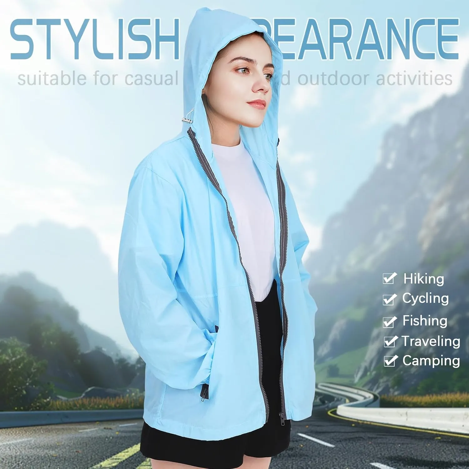 Women's Lightweight Jacket Hooded Lightweight Raincoat Outdoor Waterproof Windbreaker with Pockets Cycling Bike
