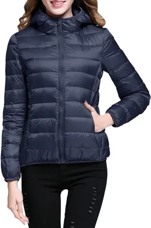 Women's Packable Jacket Coat with Pockets Short Hooded Down Jacket Solid Lightweight Full Zip Outwear Winter