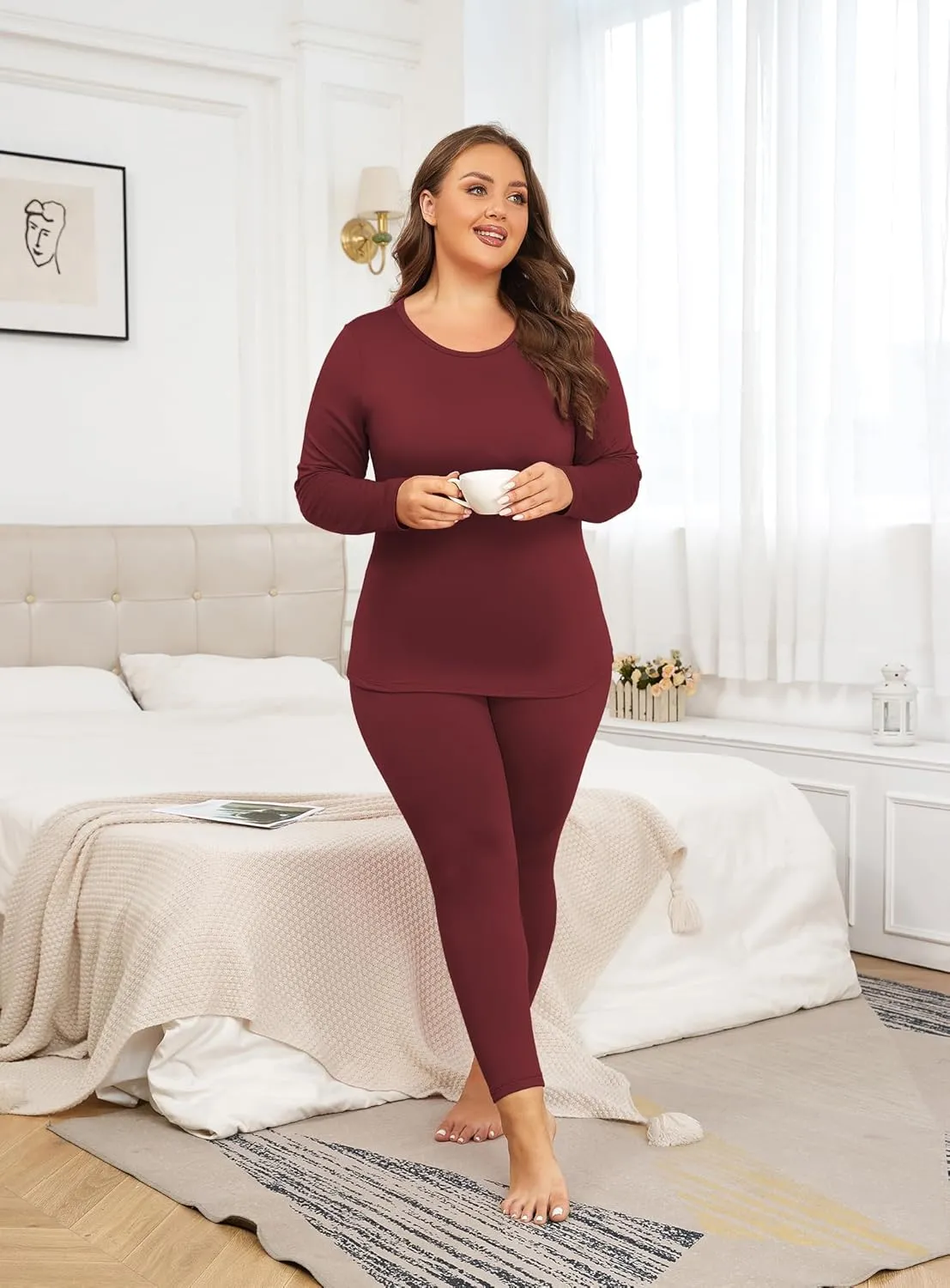 Women's Plus Size Thermal Underwear for Long Sleeve Fleece Lined Base Layer Top and Bottom Sets XL-5XL