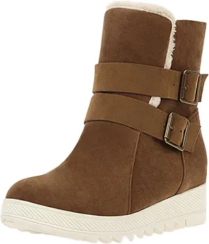 Women's Snow Boots Platform Suede Buckle Strap Anti-slip Winter Boots Classic Fuzzy Fur Booties Cold Weather Lace Up Ankle Boots Ladies Walking Hiking Booties