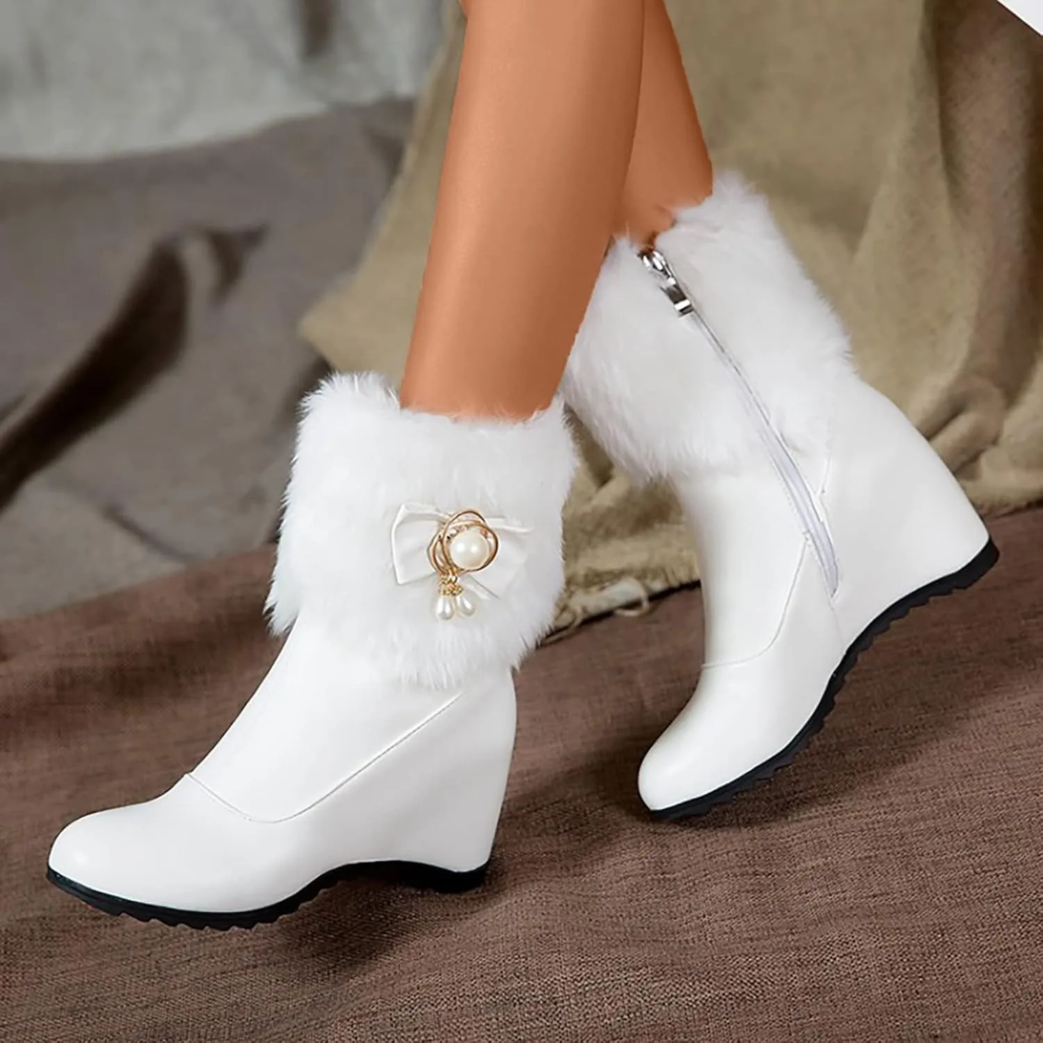 Women's Wedge Ankle Booties Side Zip Winter Boots Warm Furry Boots Fur Lined Snow Boots Fur Lined Hiking Boots