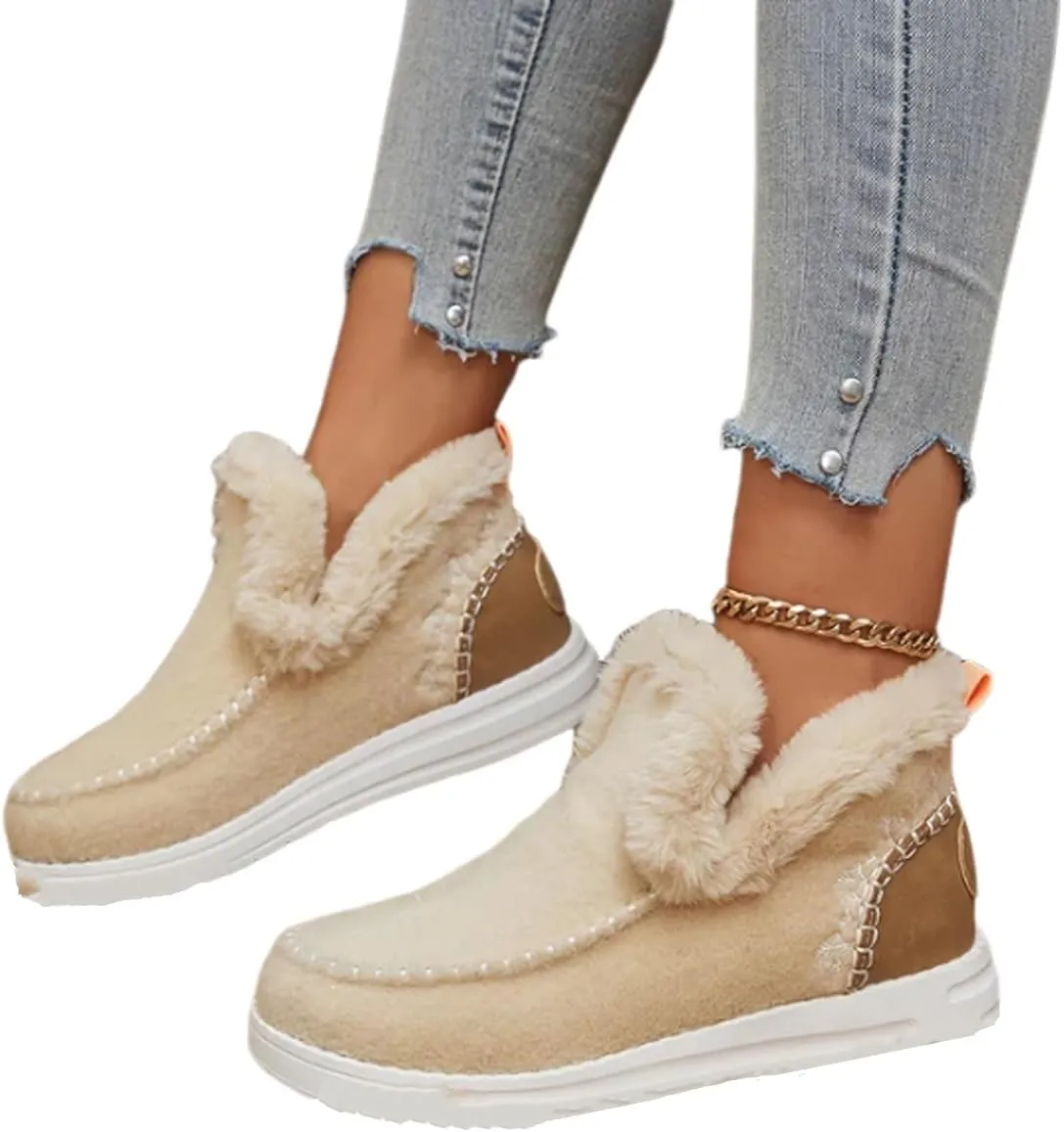 Women's Winter Snow Boots, Outdoor Cotton Flat Shoes Ankle Boots, Winter Warm Lightweight Non-Slip Suede Lined(Khaki,10)
