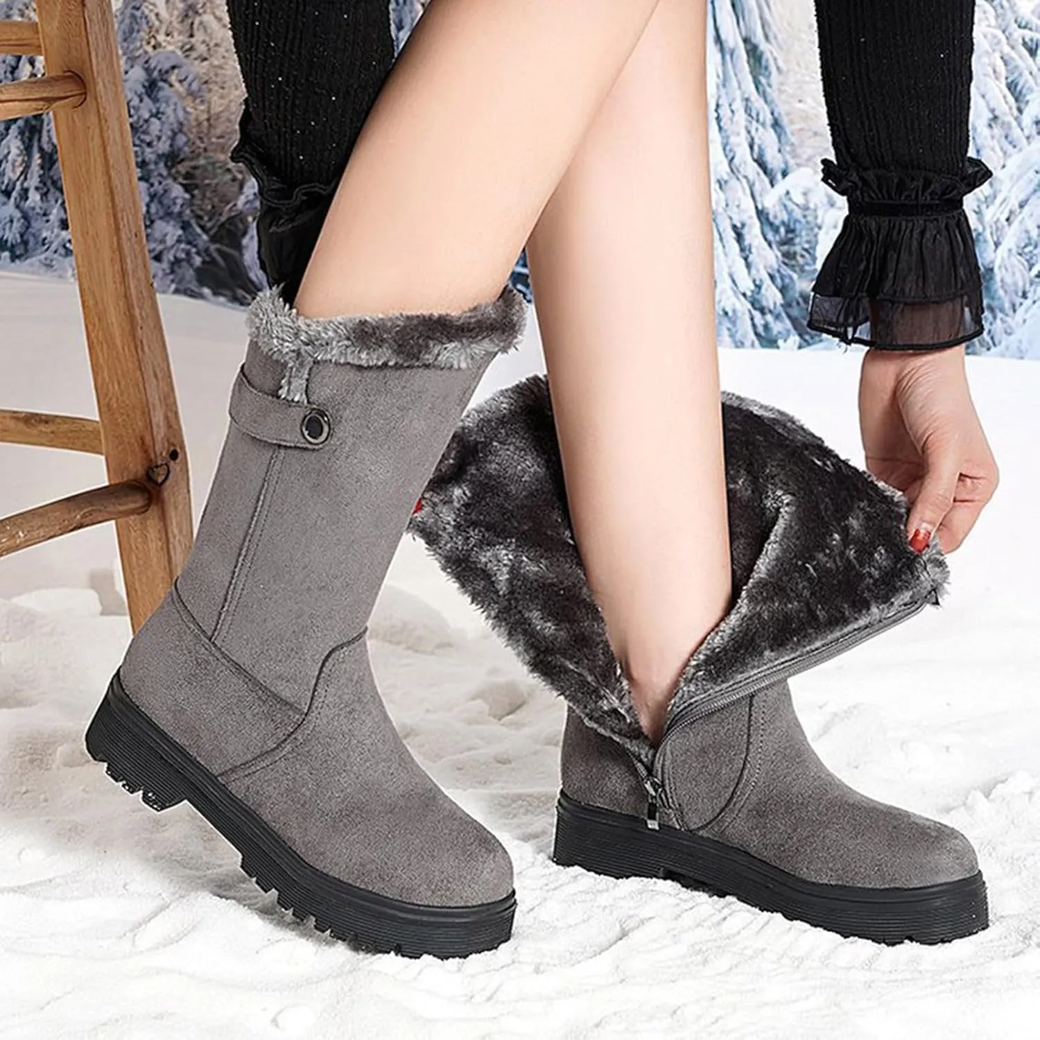 Womens Winter Snow Boots Warm Fur Lined Classic Fashion Suede Low Heeled Mid Calf Boots with Side Zipper Anti Slip Outdoor Boots Comfortable Shoes for Women