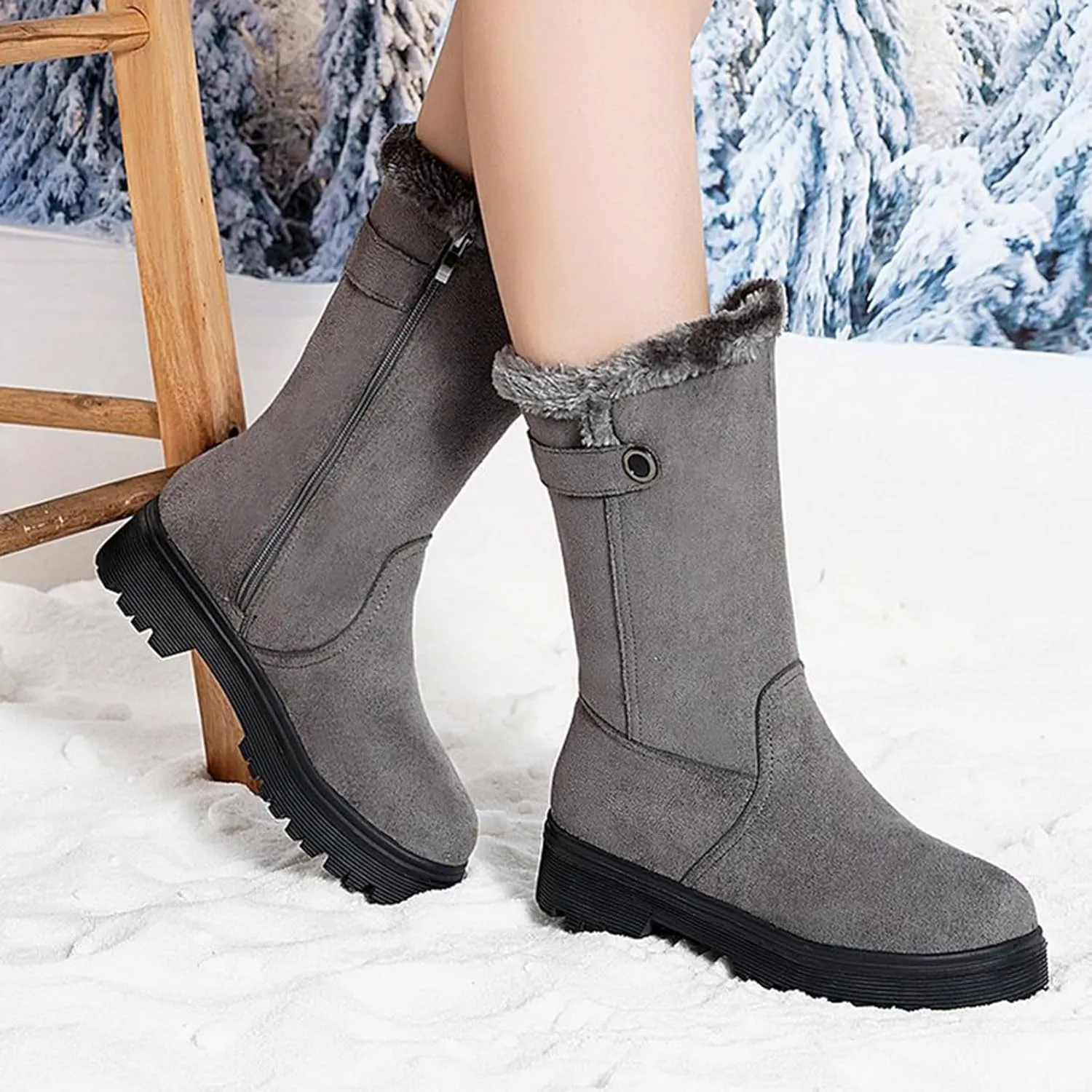 Womens Winter Snow Boots Warm Fur Lined Classic Fashion Suede Low Heeled Mid Calf Boots with Side Zipper Anti Slip Outdoor Boots Comfortable Shoes for Women