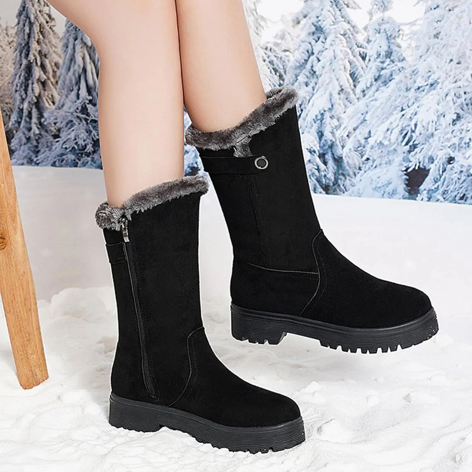 Womens Winter Snow Boots Warm Fur Lined Classic Fashion Suede Low Heeled Mid Calf Boots with Side Zipper Anti Slip Outdoor Boots Comfortable Shoes for Women