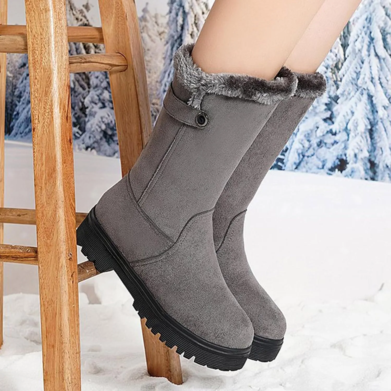 Womens Winter Snow Boots Warm Fur Lined Classic Fashion Suede Low Heeled Mid Calf Boots with Side Zipper Anti Slip Outdoor Boots Comfortable Shoes for Women