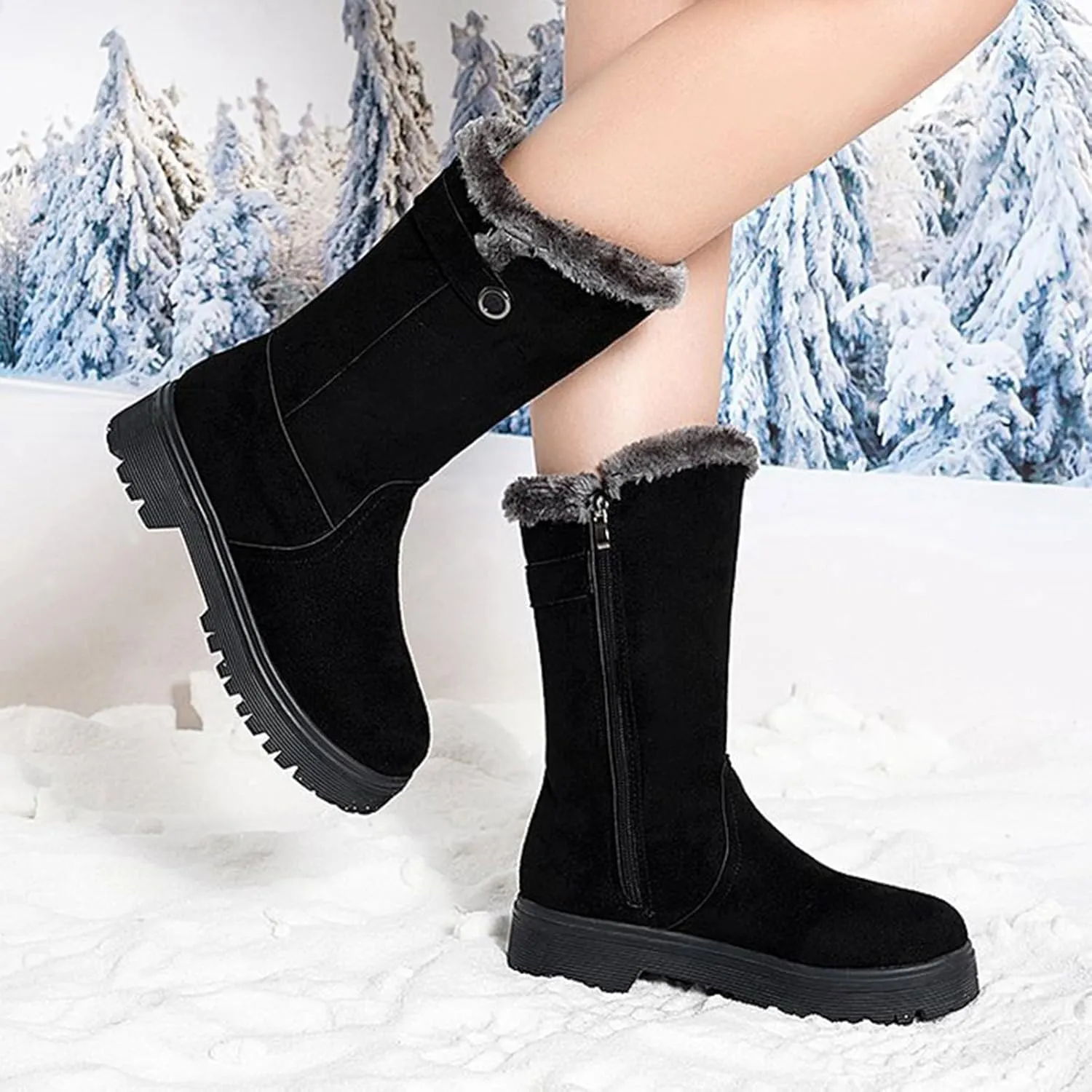 Womens Winter Snow Boots Warm Fur Lined Classic Fashion Suede Low Heeled Mid Calf Boots with Side Zipper Anti Slip Outdoor Boots Comfortable Shoes for Women