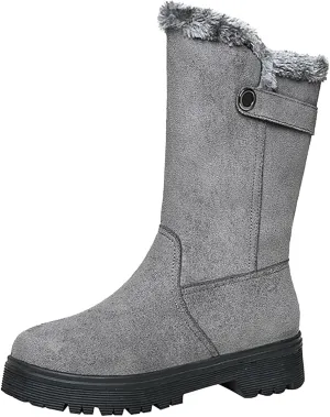Womens Winter Snow Boots Warm Fur Lined Classic Fashion Suede Low Heeled Mid Calf Boots with Side Zipper Anti Slip Outdoor Boots Comfortable Shoes for Women