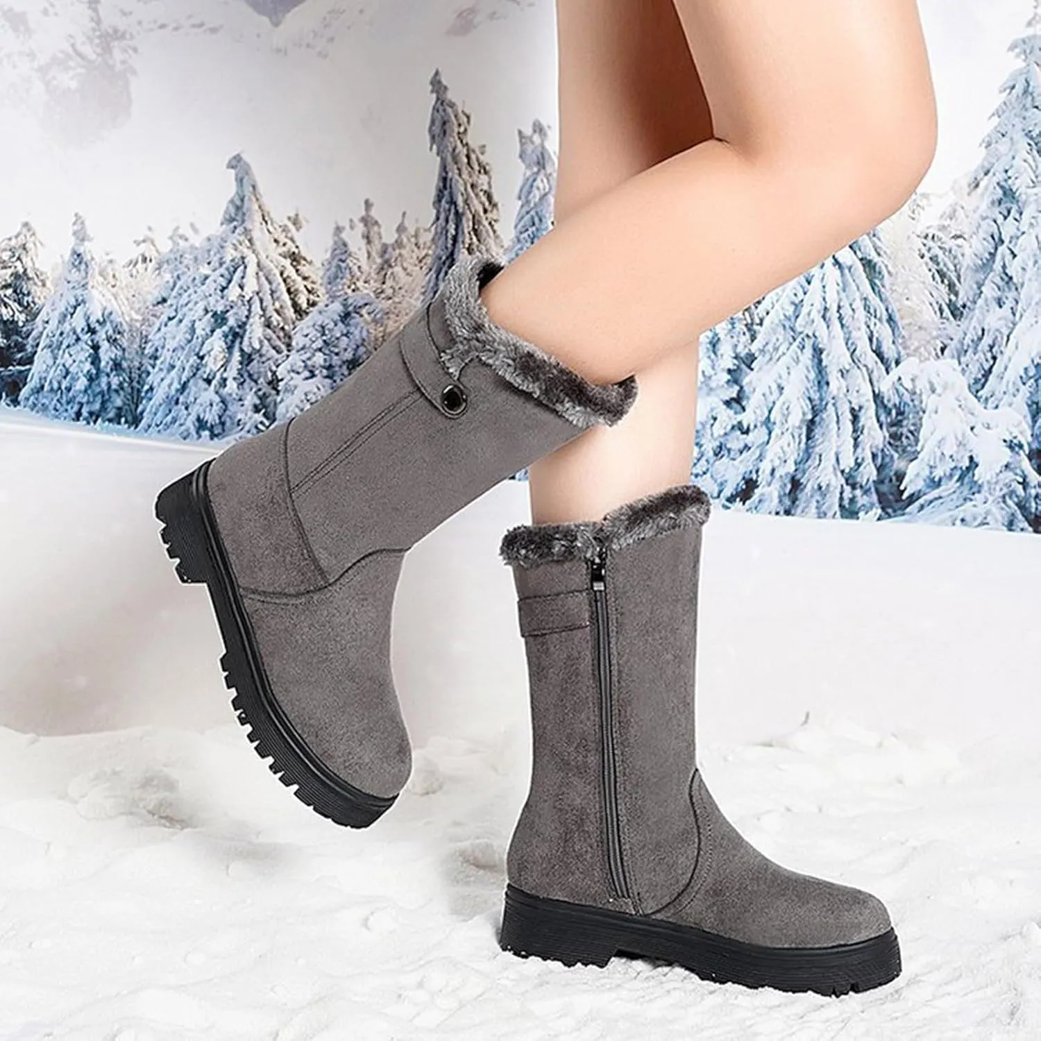 Womens Winter Snow Boots Warm Fur Lined Classic Fashion Suede Low Heeled Mid Calf Boots with Side Zipper Anti Slip Outdoor Boots Comfortable Shoes for Women