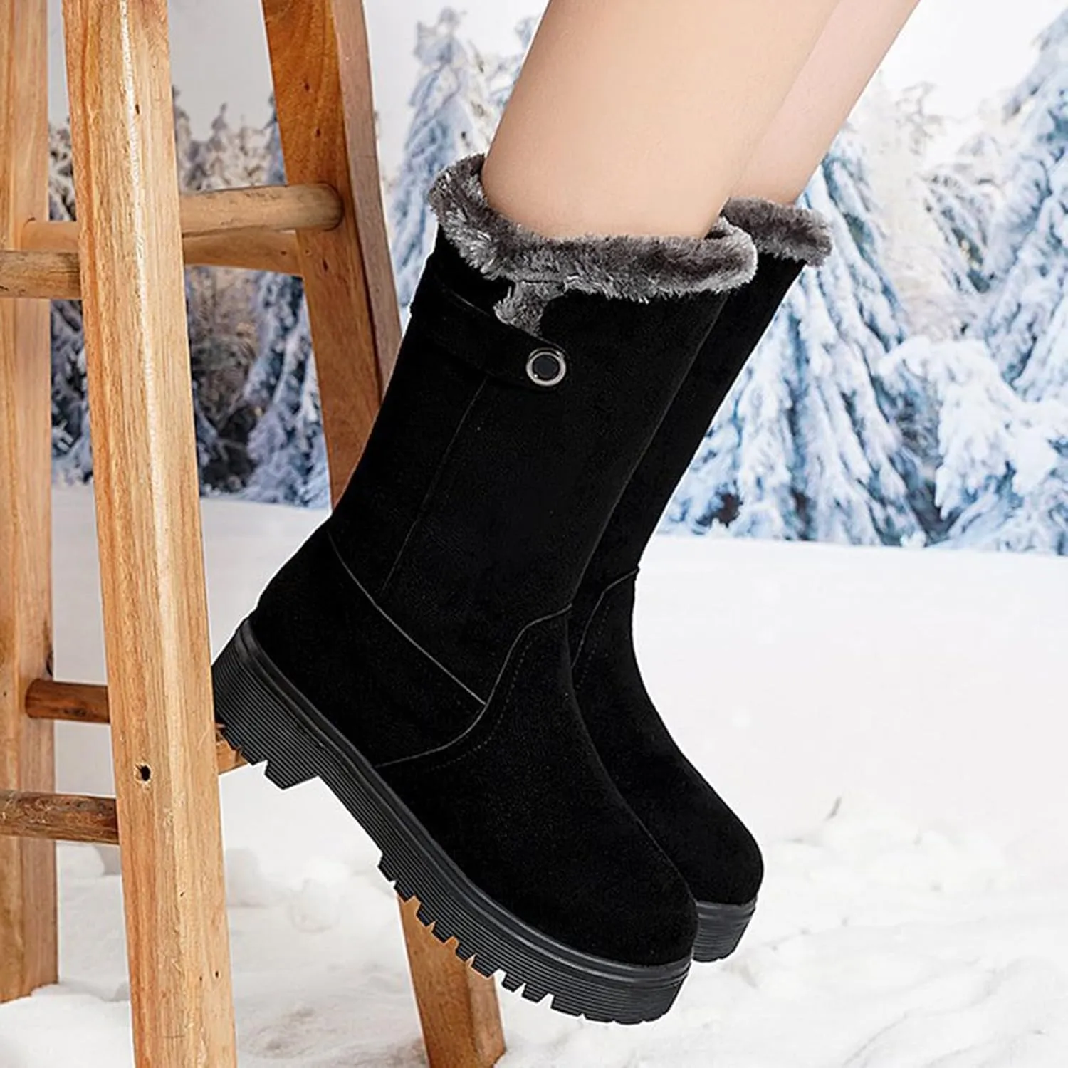 Womens Winter Snow Boots Warm Fur Lined Classic Fashion Suede Low Heeled Mid Calf Boots with Side Zipper Anti Slip Outdoor Boots Comfortable Shoes for Women