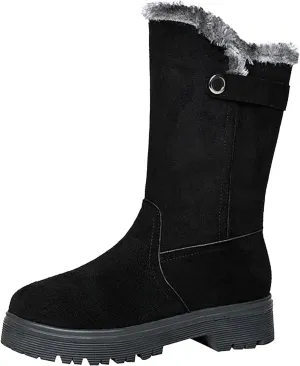 Womens Winter Snow Boots Warm Fur Lined Classic Fashion Suede Low Heeled Mid Calf Boots with Side Zipper Anti Slip Outdoor Boots Comfortable Shoes for Women