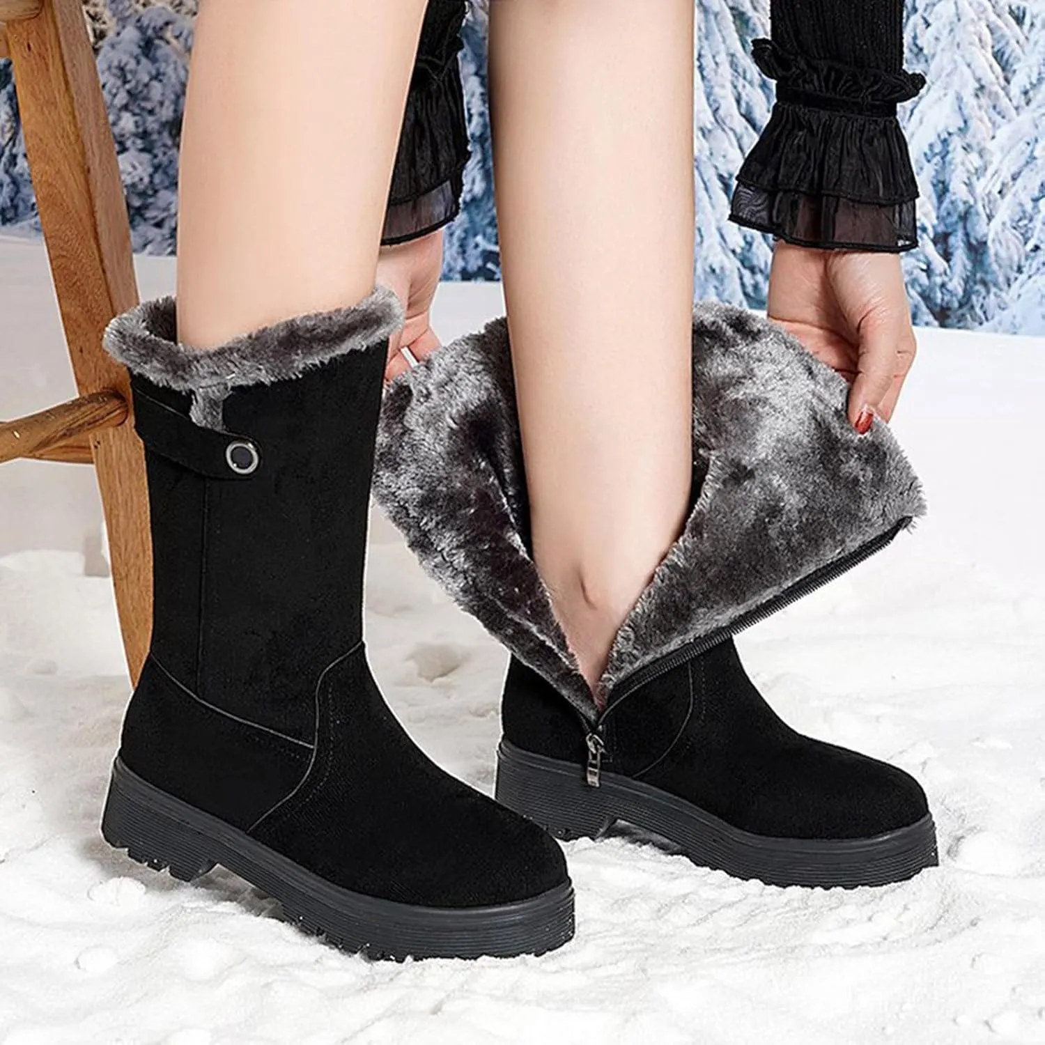Womens Winter Snow Boots Warm Fur Lined Classic Fashion Suede Low Heeled Mid Calf Boots with Side Zipper Anti Slip Outdoor Boots Comfortable Shoes for Women