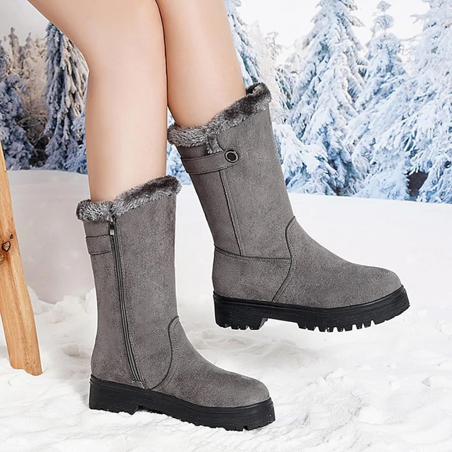 Womens Winter Snow Boots Warm Fur Lined Classic Fashion Suede Low Heeled Mid Calf Boots with Side Zipper Anti Slip Outdoor Boots Comfortable Shoes for Women