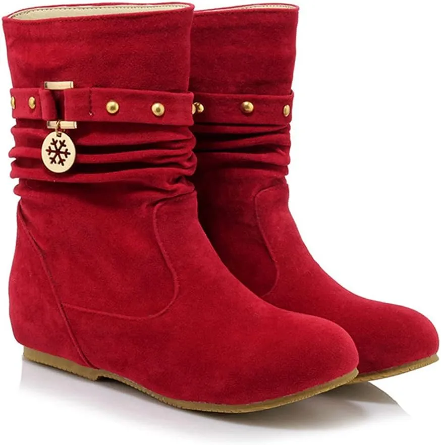 Women's Winter Suede Slouch Ankle Boots Metallic Low Wedge Hidden Heel Pull On Dressy Short Booties