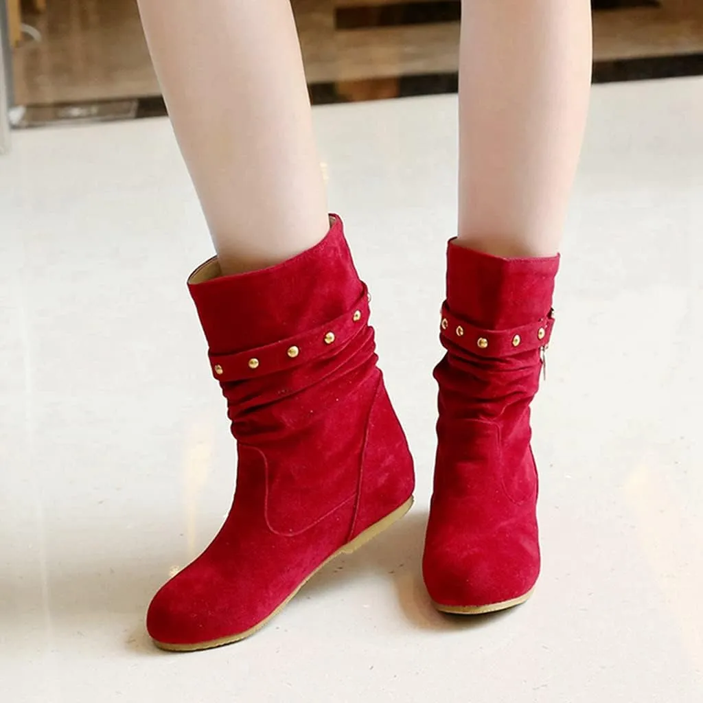 Women's Winter Suede Slouch Ankle Boots Metallic Low Wedge Hidden Heel Pull On Dressy Short Booties