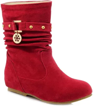 Women's Winter Suede Slouch Ankle Boots Metallic Low Wedge Hidden Heel Pull On Dressy Short Booties