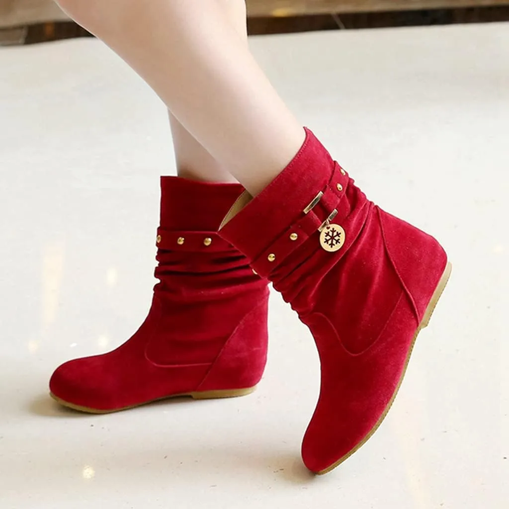 Women's Winter Suede Slouch Ankle Boots Metallic Low Wedge Hidden Heel Pull On Dressy Short Booties