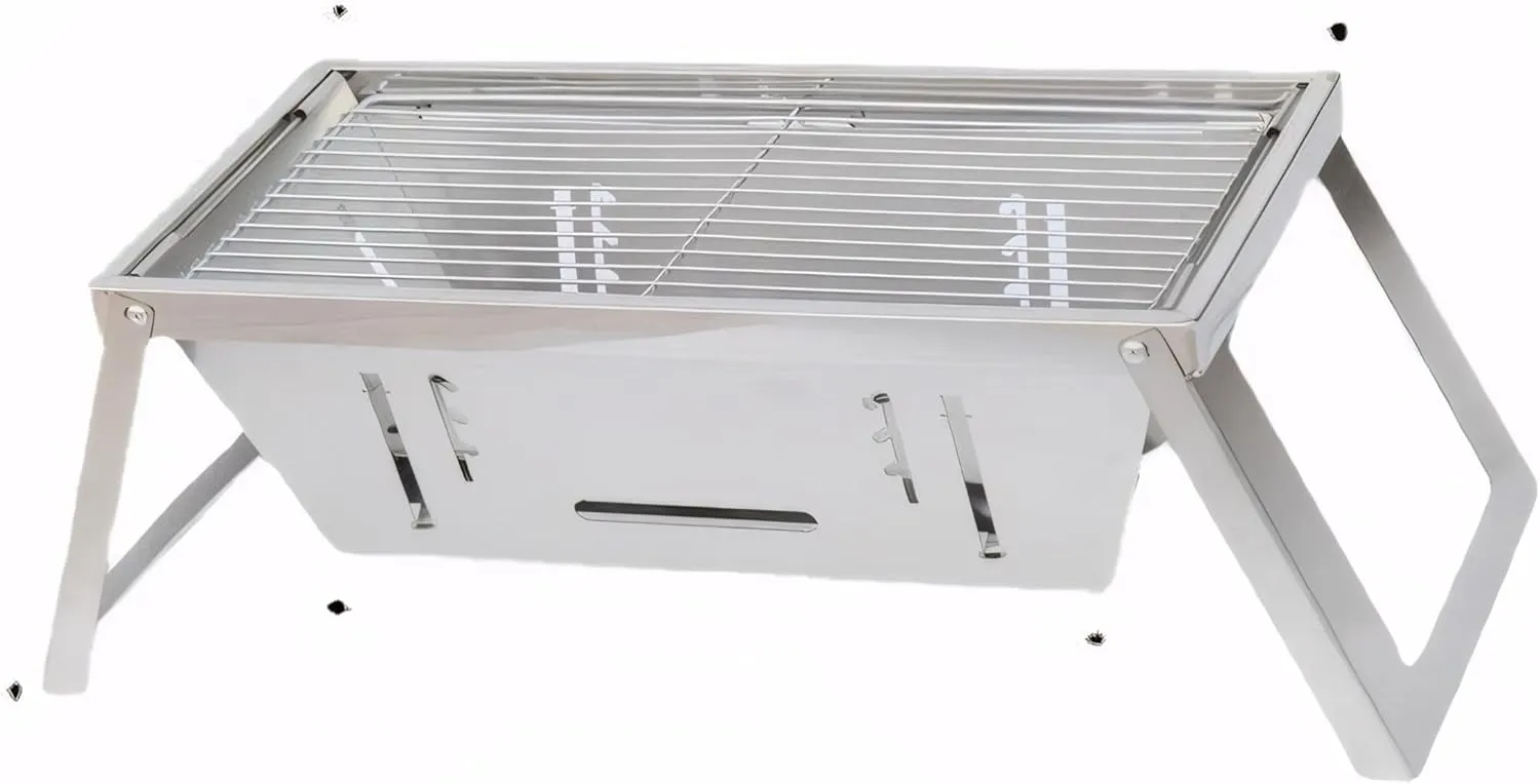 Wooden carbon grill, folding barbecue grill, portable 201 stainless steel barbecue grill, suitable for outdoor camping and hiking, an essential tool for outdoor cooking, Silver