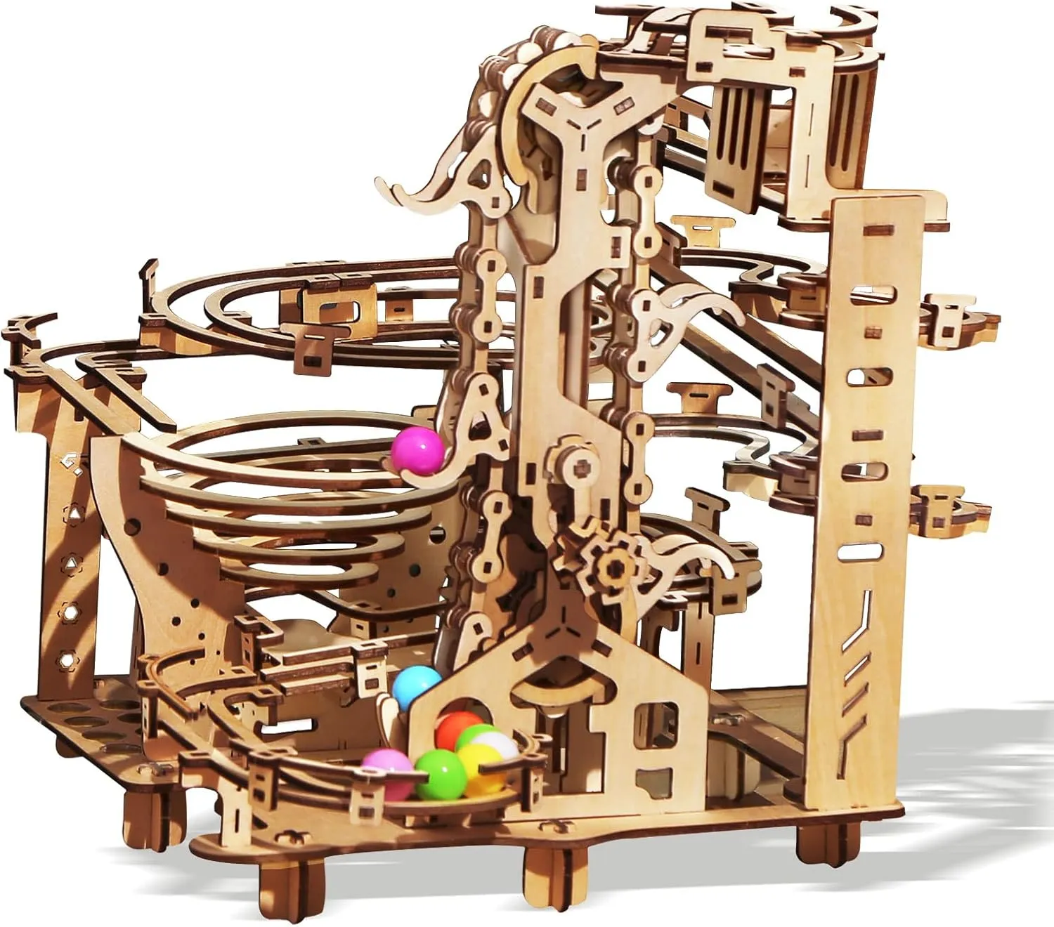 Wooden Marble Run Kit - 3D Puzzle Wood Colored Balls Run Stepped Hoist with 3-Stepped Lift Mechanism - Kinetic DIY Marble Run Wooden Puzzle