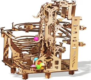 Wooden Marble Run Kit - 3D Puzzle Wood Colored Balls Run Stepped Hoist with 3-Stepped Lift Mechanism - Kinetic DIY Marble Run Wooden Puzzle